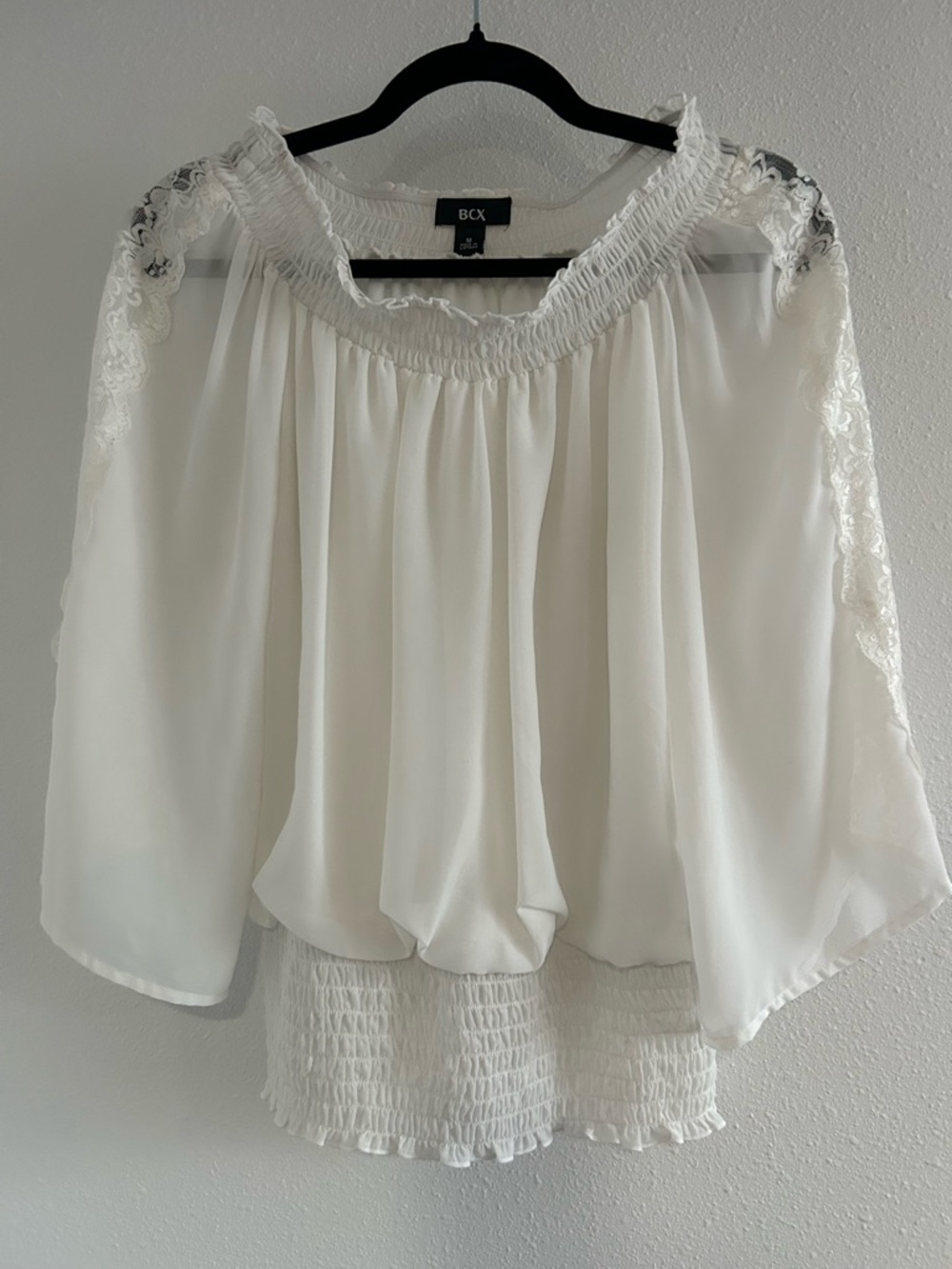 BCX White Smocked Off-Shoulder Lace Blouse